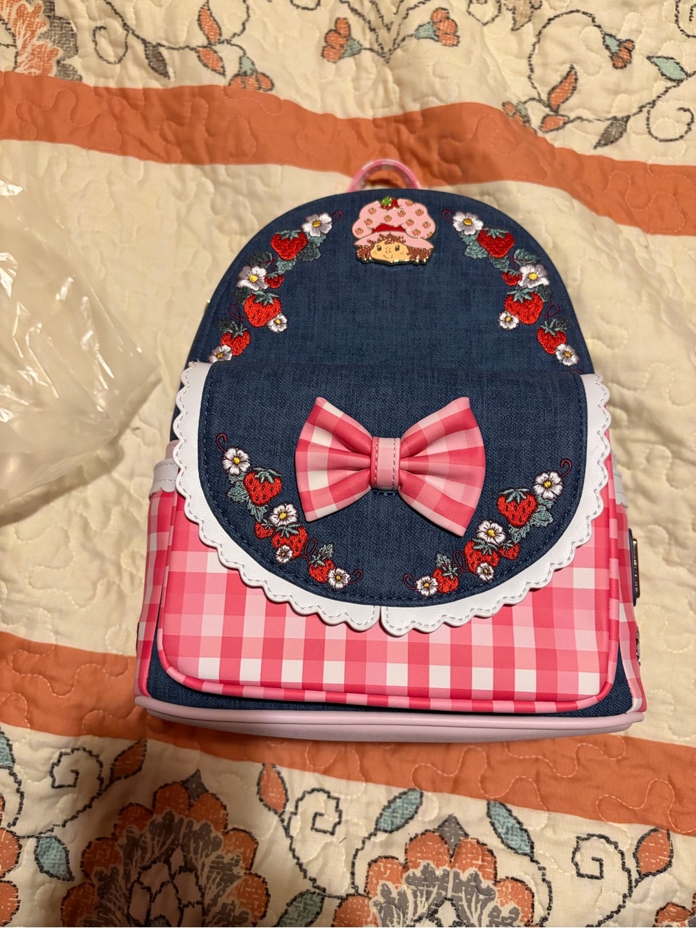 Loungefly Pink Gingham & Denim Backpack with Bow and Strawberry Shortcake embr